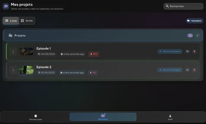 Interface de gestion de projets Voxdub avec suivi de l'avancement du doublage